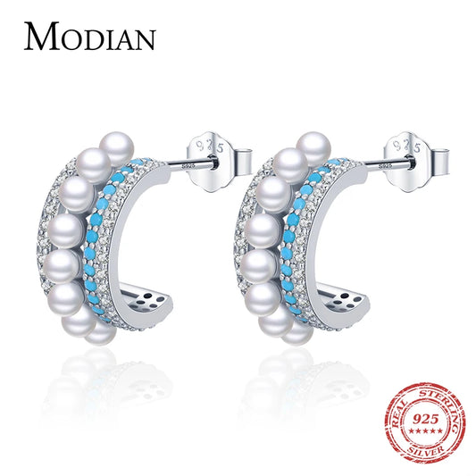 Pendientes Modian de lujo con turquesa, de plata de ley 925 auténtica, con perla y brillantes, para mujer, joyería de marca.