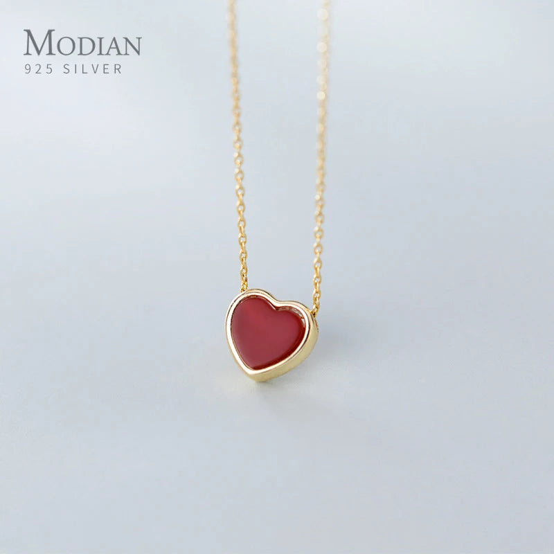 Modian New Arrive 925 Sterling Silver Red Lovely Hearts Pendant Necklace for Women Gold Color Necklace Fine Jewelry Accessories