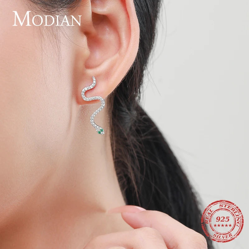 Pendientes MODIAN de serpiente negra de moda para invierno, de plata de ley 925 auténtica, de lujo, estilo punk, para mujer, joyería fina para fiestas.