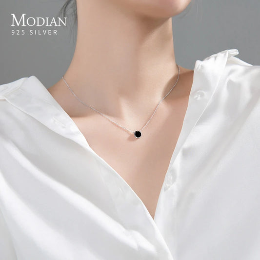 Collar Modian 100% de plata esterlina 925 auténtica, sencillo, de esmalte negro, color oro rosa, bonito colgante, cadena para mujer, joyería