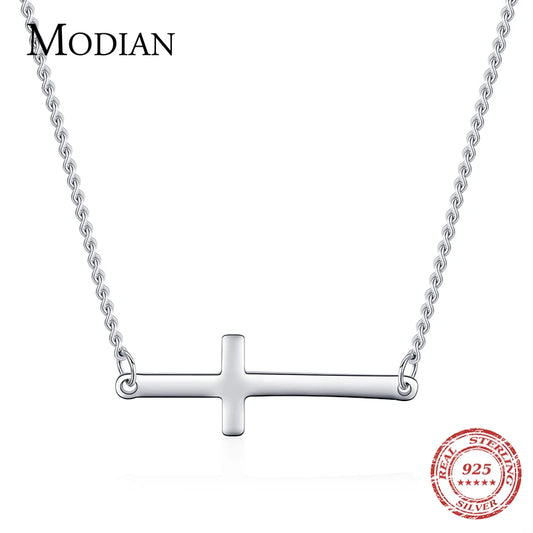Gargantilla con cruz sencilla y exquisita de Modian, 100 % plata de ley 925, cadena clásica brillante, colgante para mujer, joyería