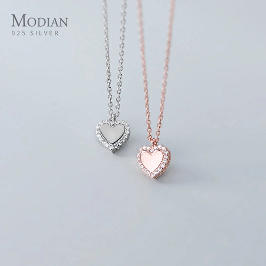 Modian Shiny Zircon Romantic Hearts Pendant Necklace for Women 925 Sterling Silver Link Chain Necklace Engagement Fine Jewelry