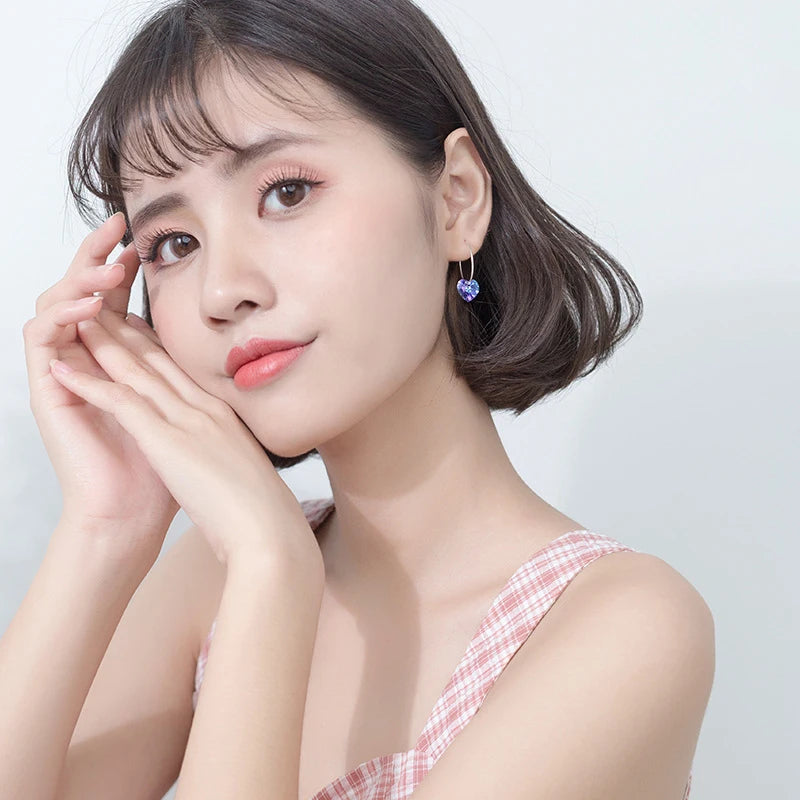 Pendientes de aro Modian con cristales azules brillantes para mujer, diseño clásico de corazón en plata de ley 925, joyería de lujo, accesorios para mujer