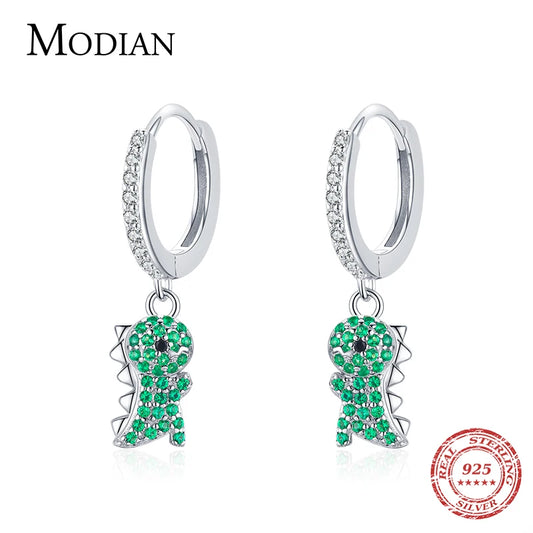 Pendientes colgantes Modian de plata de ley 925 auténtica con forma de dinosaurio y circonita cúbica transparente para mujer, joyería fina