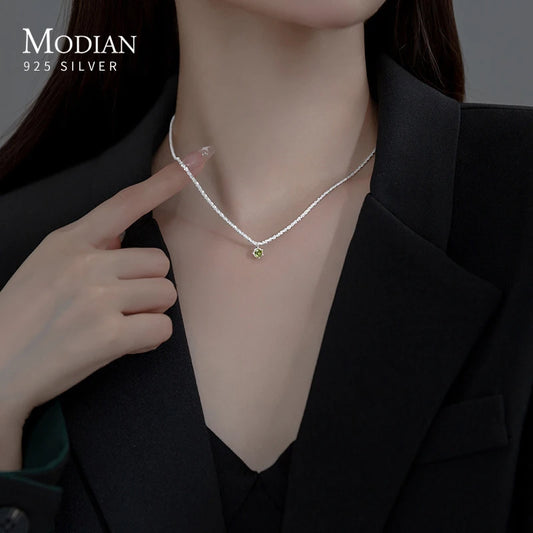 MODIAN Genuine 100% 925 Sterling Silver Sparkling Olive Green CZ Choker Necklace Pendant Chain For Women Wedding Fine Jewelry