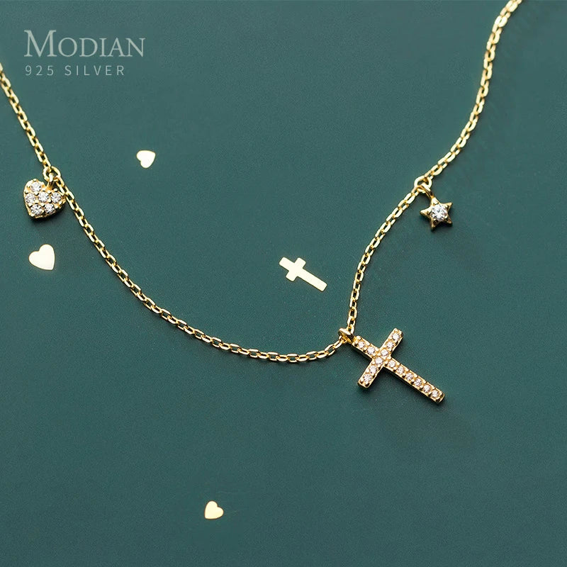 Collar Modian de plata de ley 925 con colgante de estrella, cruz y corazón para mujer, cadena de eslabones dorada, estilo coreano, joyería fina.