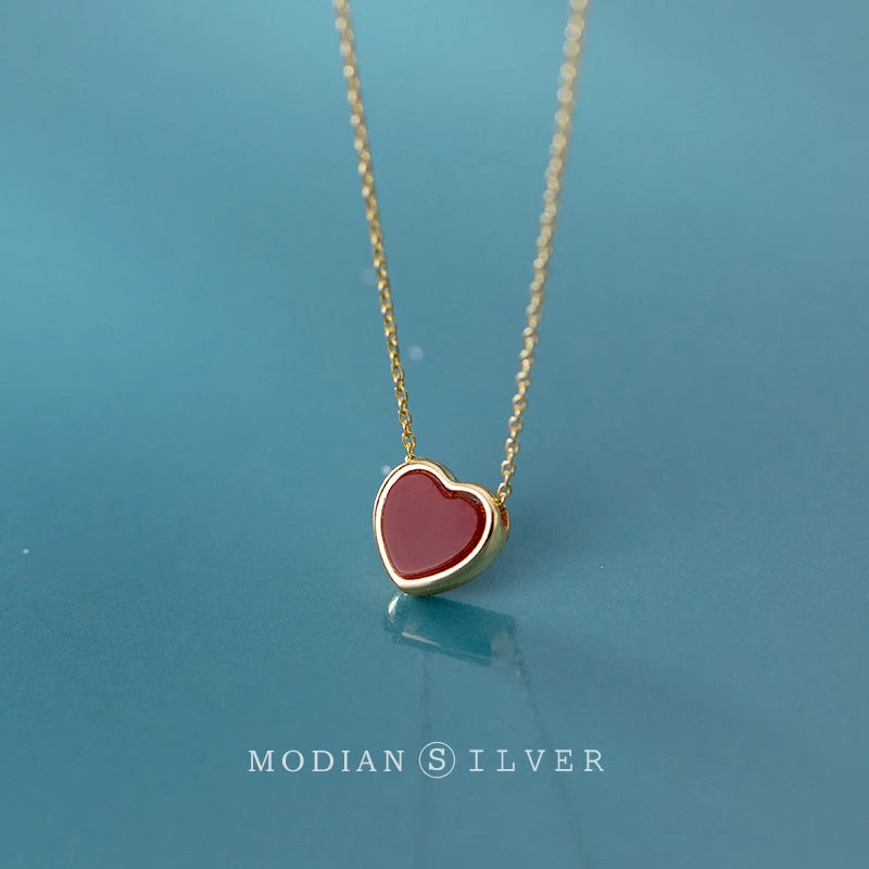 Modian New Arrive 925 Sterling Silver Red Lovely Hearts Pendant Necklace for Women Gold Color Necklace Fine Jewelry Accessories