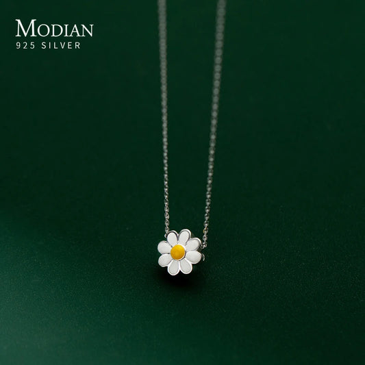Modian Genuine 925 Sterling Silver Exqusite Cute Enamel Daisy Pendant Fashon Silver Chain Necklace for Women Fine Jewelry Gift