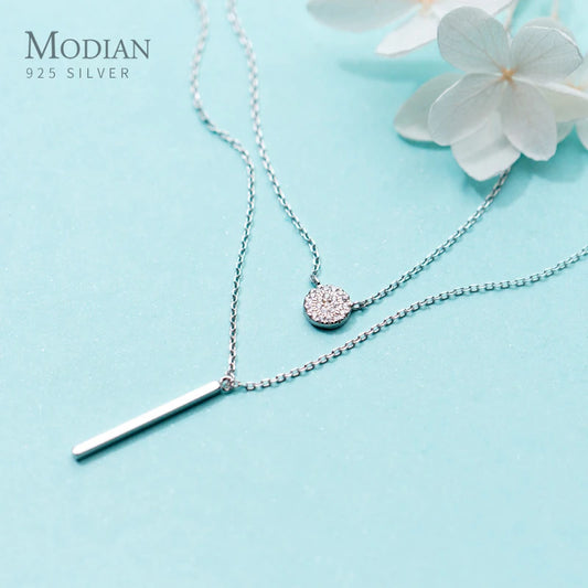 Modian Sterling Silver 925 Shining Zircon Disc Geometric Stick Pendant Necklace for Women Double Layer Necklaace Fine Jewelry