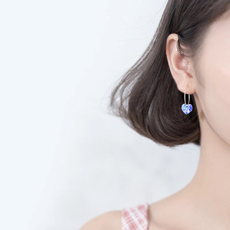 Pendientes de aro Modian con cristales azules brillantes para mujer, diseño clásico de corazón en plata de ley 925, joyería de lujo, accesorios para mujer