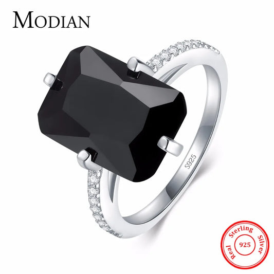 Anillo Modian de plata esterlina 925 sólida de alta calidad para mujer, moda de cristal negro, joyería de lujo para fiestas, anillos de plata para dedo, anillo