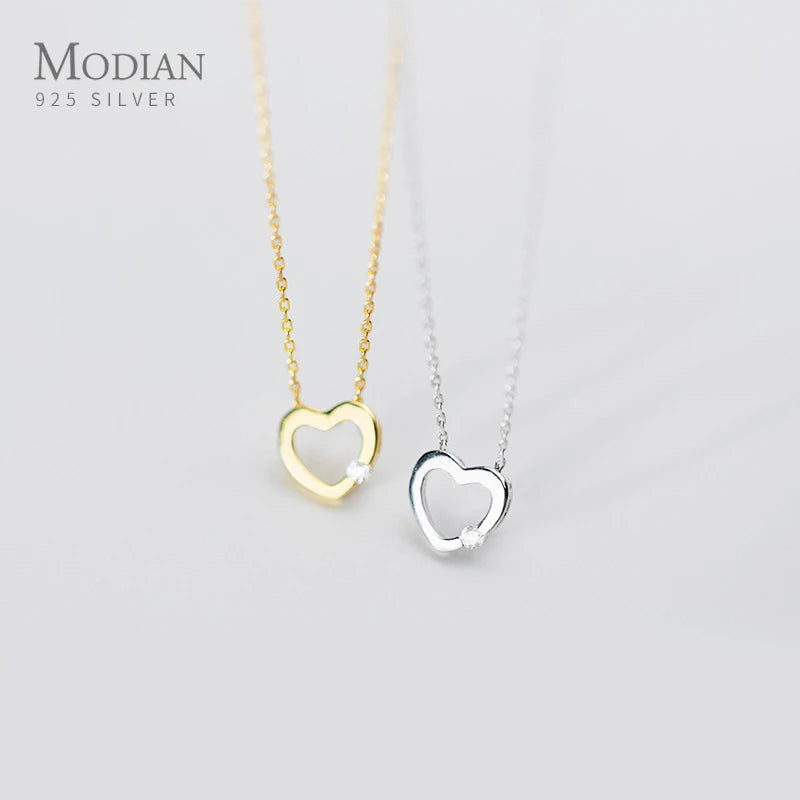 MODIAN 925 Sterling Silver Simple Gold Color Radiant Zircon Hollow Out Hearts Pendant Necklace for Women Fashion Fine Jewelry