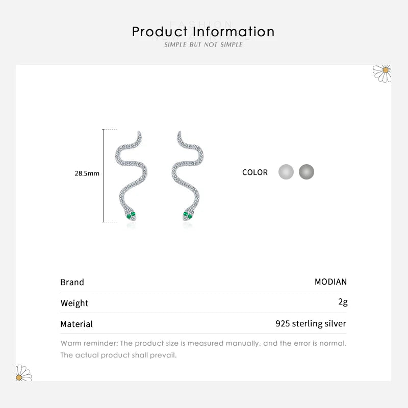 Pendientes MODIAN de serpiente negra de moda para invierno, de plata de ley 925 auténtica, de lujo, estilo punk, para mujer, joyería fina para fiestas.