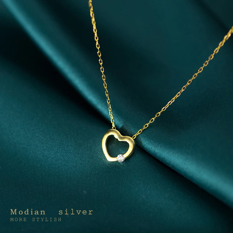 MODIAN 925 Sterling Silver Simple Gold Color Radiant Zircon Hollow Out Hearts Pendant Necklace for Women Fashion Fine Jewelry