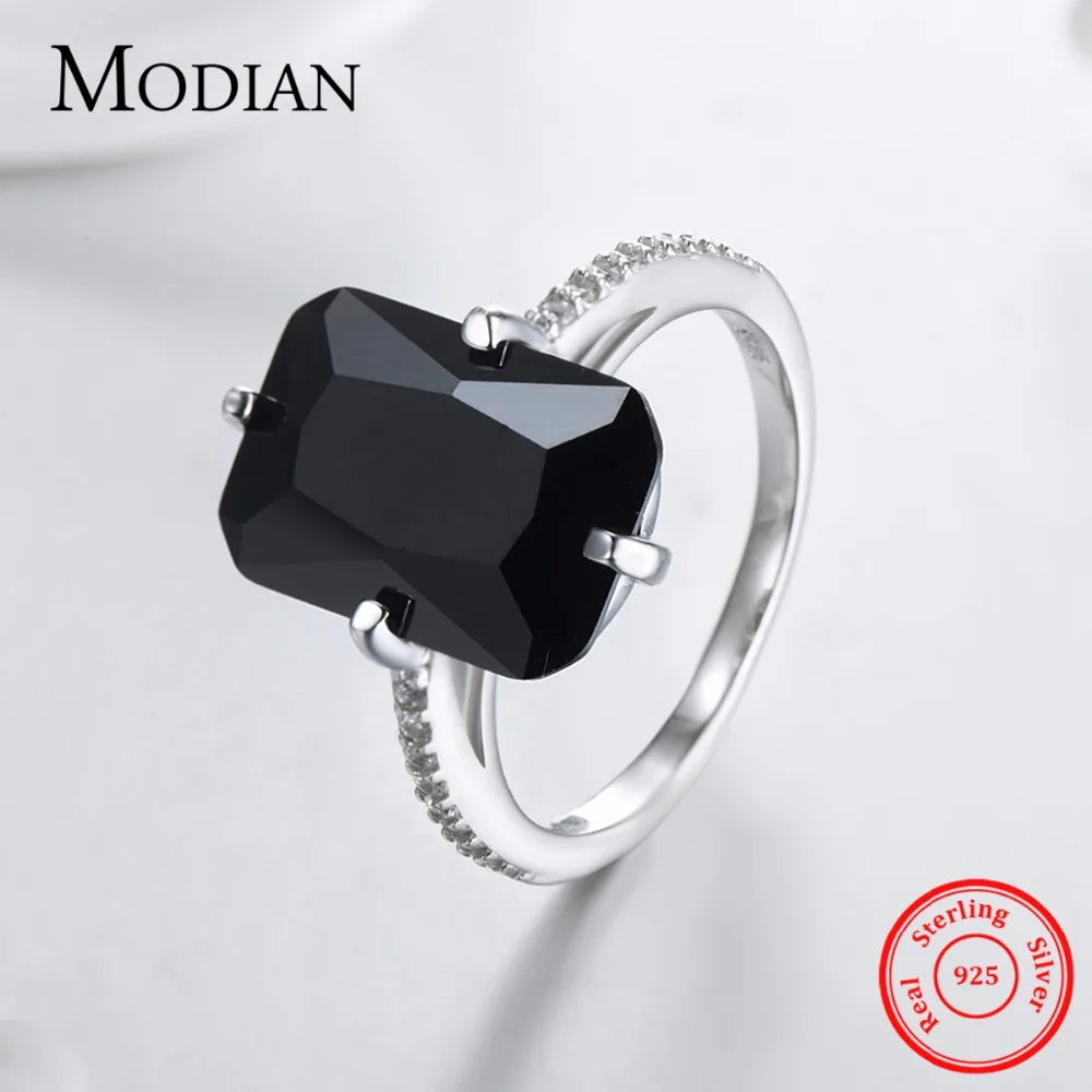 Anillo Modian de plata esterlina 925 sólida de alta calidad para mujer, moda de cristal negro, joyería de lujo para fiestas, anillos de plata para dedo, anillo