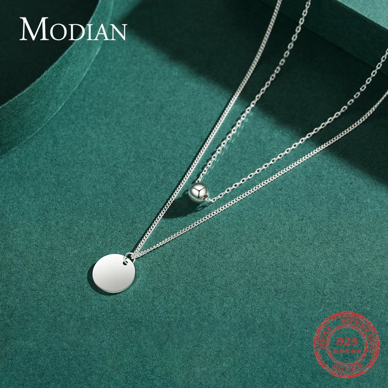 Modian 100% 925 Sterling Silver Double Layer Charm Simple Round Brand Necklace Pendant Chain For Women Fine Wedding Jewelry Gift