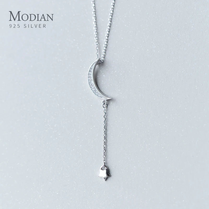 MODIAN Genuine 925 Sterling Silver Elegant Clear CZ Moon Chain Necklace Pendant For Women Wedding Gifts Fine Jewelry Accessories