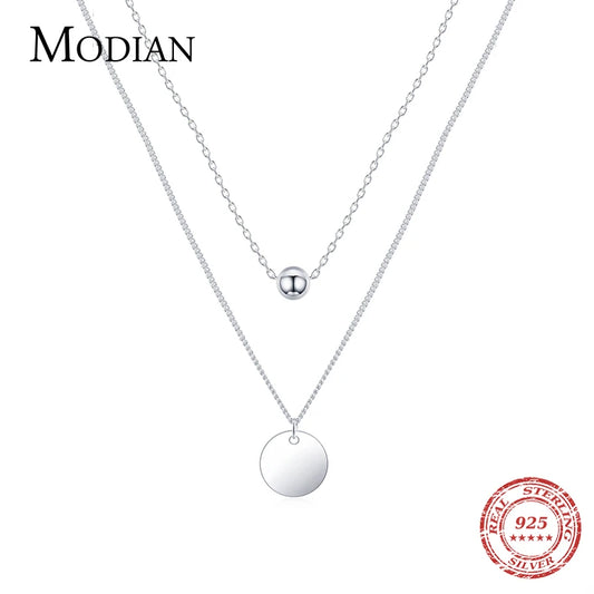 Modian 100% 925 Sterling Silver Double Layer Charm Simple Round Brand Necklace Pendant Chain For Women Fine Wedding Jewelry Gift
