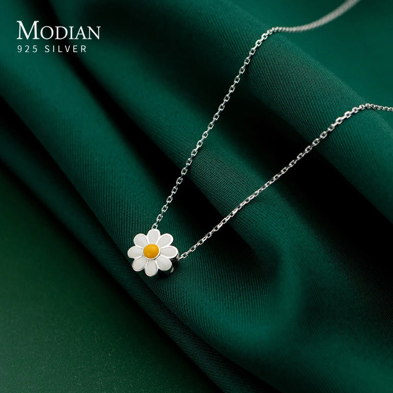 Modian Genuine 925 Sterling Silver Exqusite Cute Enamel Daisy Pendant Fashon Silver Chain Necklace for Women Fine Jewelry Gift