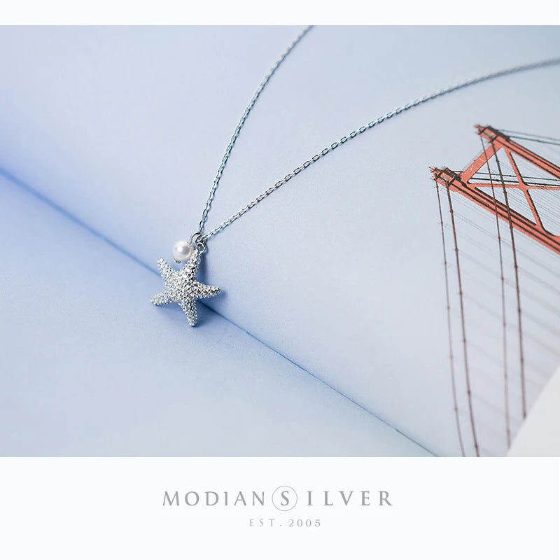 Modian Marine Life Adjustable Necklace for Women Shiny Zircon Starfish Pearl Sterling Silver 925 Pendant Necklace Fine Jewelry
