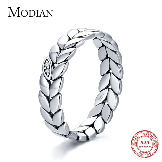 Anillos de dedo MODIAN de plata de ley 925 con diseño de trigo apilable y hojas de la suerte para mujer, joyería fina original, anillo de fiesta de moda.