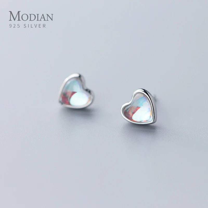 Pendientes Modian con forma de corazón para mujer, de plata de ley 925, con ópalo arcoíris, ideales para bodas, compromisos y otras ocasiones especiales.