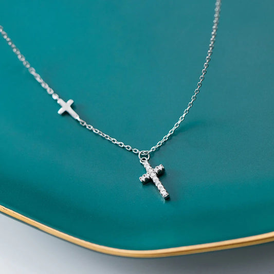 Collar con colgante de cruz gruesa de circonita cúbica brillante Modian en plata de ley 925 para mujer, collar sencillo ajustable, accesorios de joyería fina