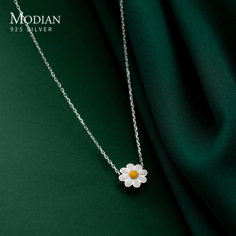 Modian Genuine 925 Sterling Silver Exqusite Cute Enamel Daisy Pendant Fashon Silver Chain Necklace for Women Fine Jewelry Gift