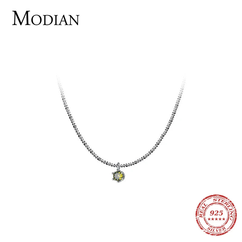 MODIAN Genuine 100% 925 Sterling Silver Sparkling Olive Green CZ Choker Necklace Pendant Chain For Women Wedding Fine Jewelry