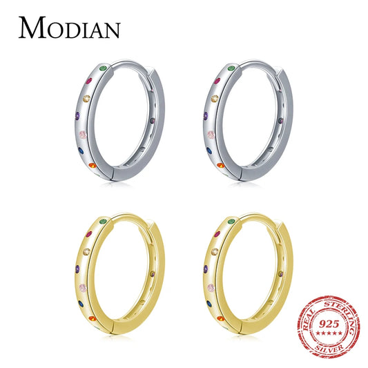 Pendientes de aro MODIAN de plata de ley 925 auténtica con circonitas de color arcoíris y círculos simples para mujer, joyería fina y elegante a la moda.