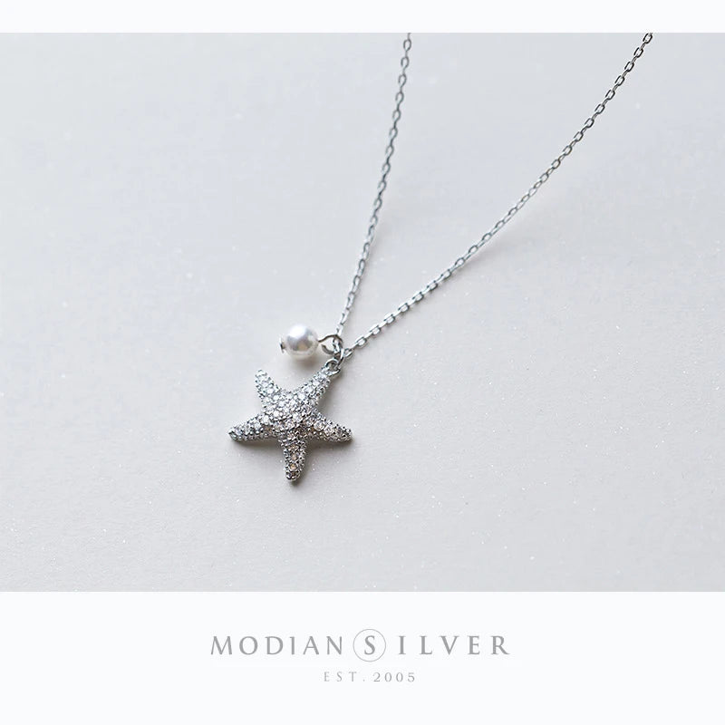 Modian Marine Life Adjustable Necklace for Women Shiny Zircon Starfish Pearl Sterling Silver 925 Pendant Necklace Fine Jewelry