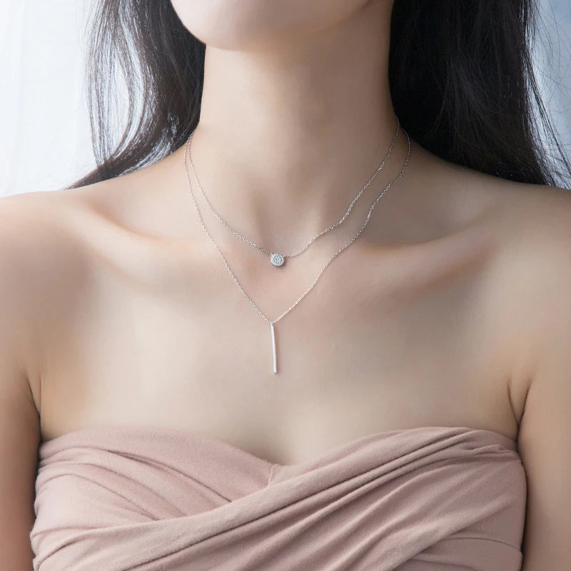 Modian Sterling Silver 925 Shining Zircon Disc Geometric Stick Pendant Necklace for Women Double Layer Necklaace Fine Jewelry