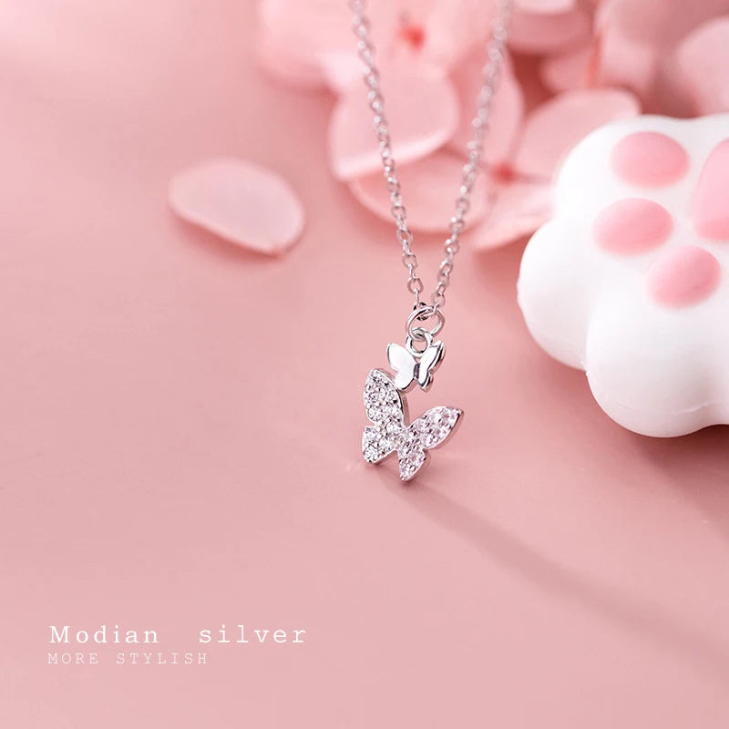 MODIAN 925 Sterling Silver Insect Adjustable Necklace for Women Radiant Clear CZ Cute Butterfly Pendant Necklace Fine Jewelry