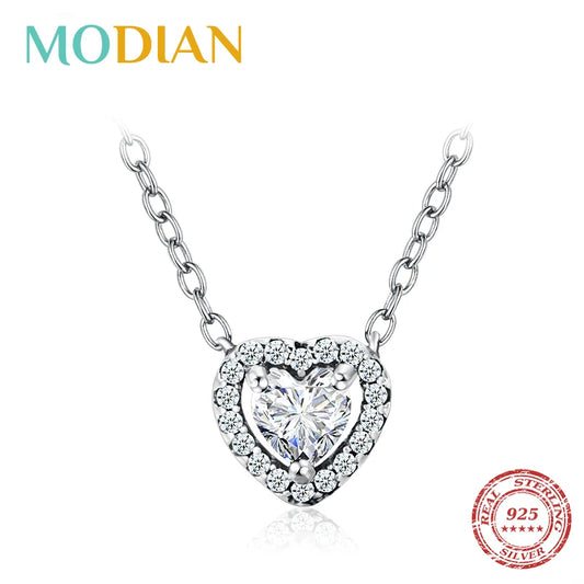 Collar con colgante de corazón de circonita cúbica transparente de plata esterlina 925 auténtica de Modian para mujer, cadena de moda para bodas, accesorios de joyería llamativos