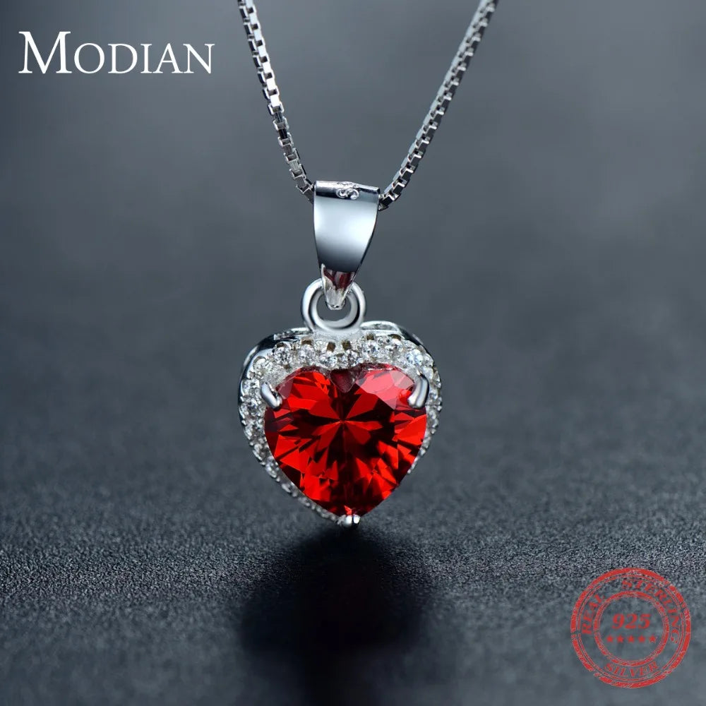 Colgante de corazón de plata de ley 925 auténtica de Modian, cadena de boda clásica con cristales transparentes y corazón rojo, joyería para mujer