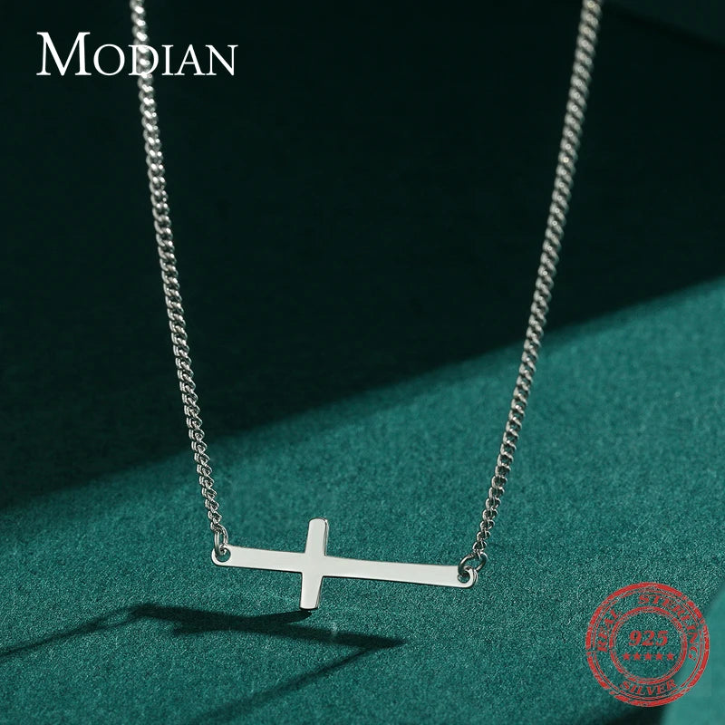 Gargantilla con cruz sencilla y exquisita de Modian, 100 % plata de ley 925, cadena clásica brillante, colgante para mujer, joyería