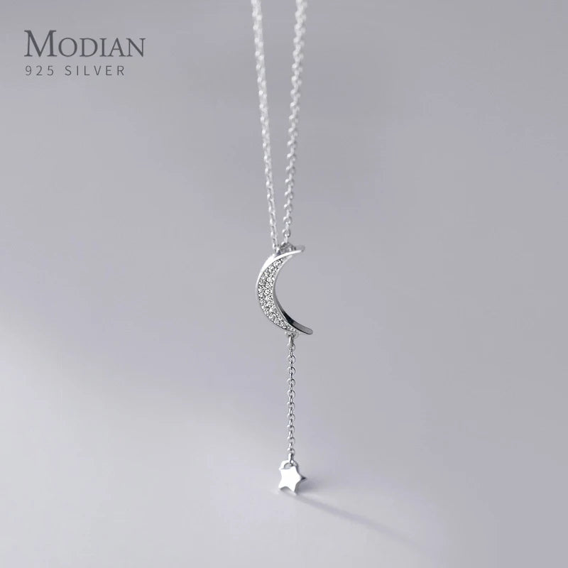 MODIAN Genuine 925 Sterling Silver Elegant Clear CZ Moon Chain Necklace Pendant For Women Wedding Gifts Fine Jewelry Accessories