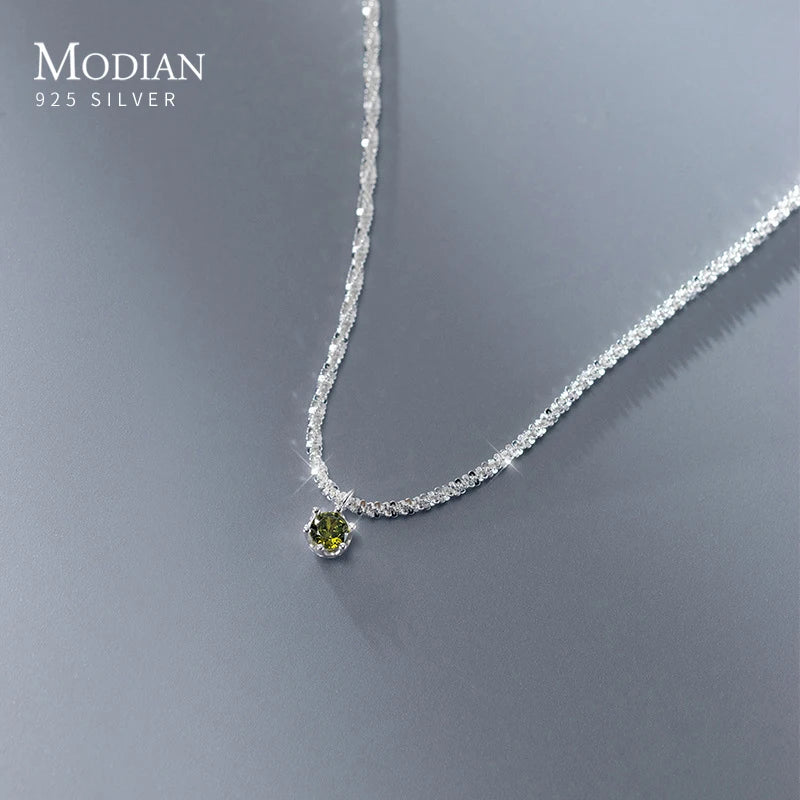 MODIAN Genuine 100% 925 Sterling Silver Sparkling Olive Green CZ Choker Necklace Pendant Chain For Women Wedding Fine Jewelry