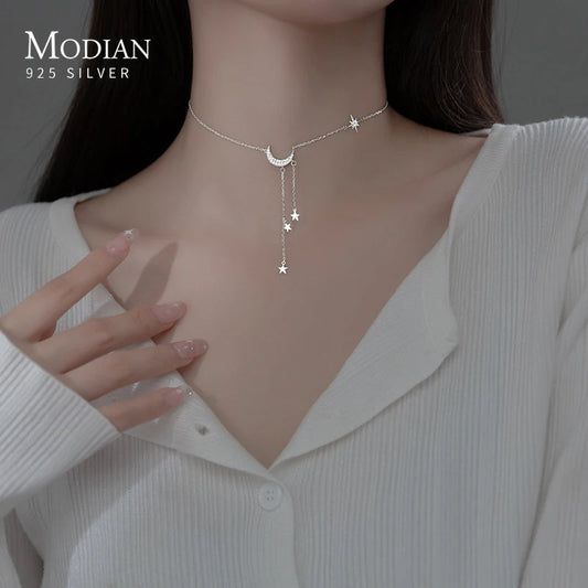 Gargantilla corta MODIAN de plata esterlina 925 maciza con diseño de luna y estrellas, cadena de eslabones con dijes para mujer, joyería fina, regalos