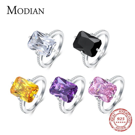 Anillos de lujo Modian de plata esterlina 925 100% rectangulares con circonitas transparentes 5A, joyería de aniversario y compromiso para mujeres, anillos de moda.