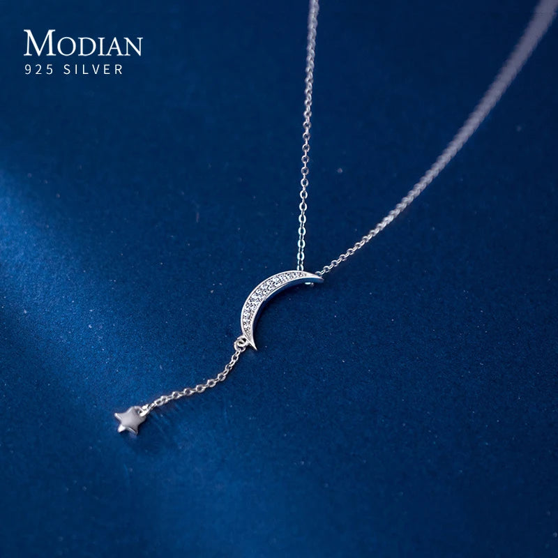 MODIAN Genuine 925 Sterling Silver Elegant Clear CZ Moon Chain Necklace Pendant For Women Wedding Gifts Fine Jewelry Accessories