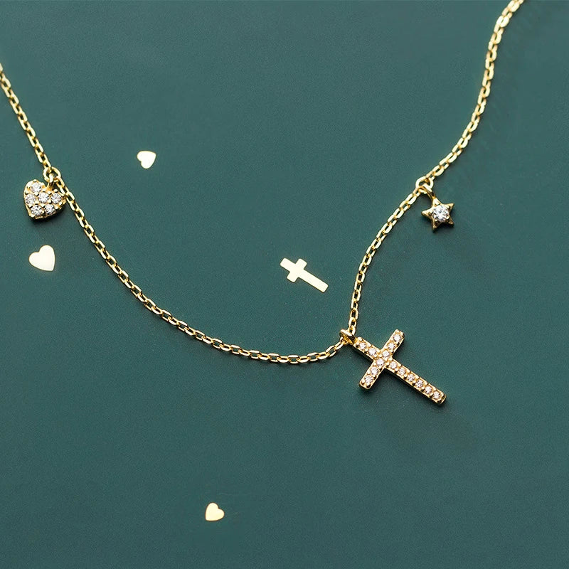 Collar Modian de plata de ley 925 con colgante de estrella, cruz y corazón para mujer, cadena de eslabones dorada, estilo coreano, joyería fina.