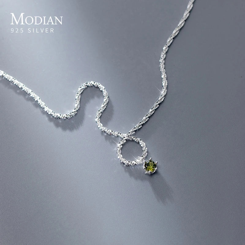 MODIAN Genuine 100% 925 Sterling Silver Sparkling Olive Green CZ Choker Necklace Pendant Chain For Women Wedding Fine Jewelry