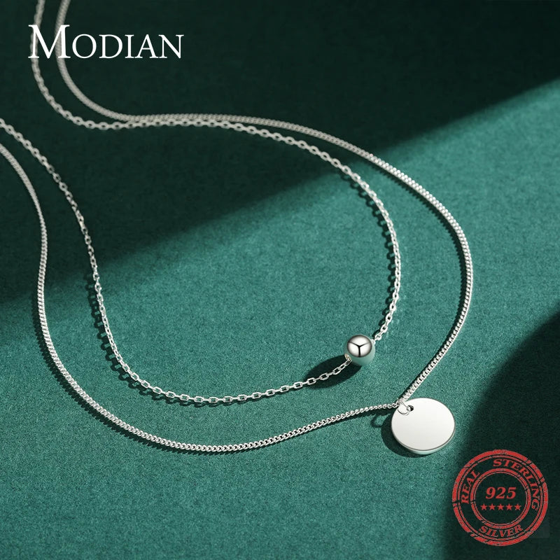Modian 100% 925 Sterling Silver Double Layer Charm Simple Round Brand Necklace Pendant Chain For Women Fine Wedding Jewelry Gift