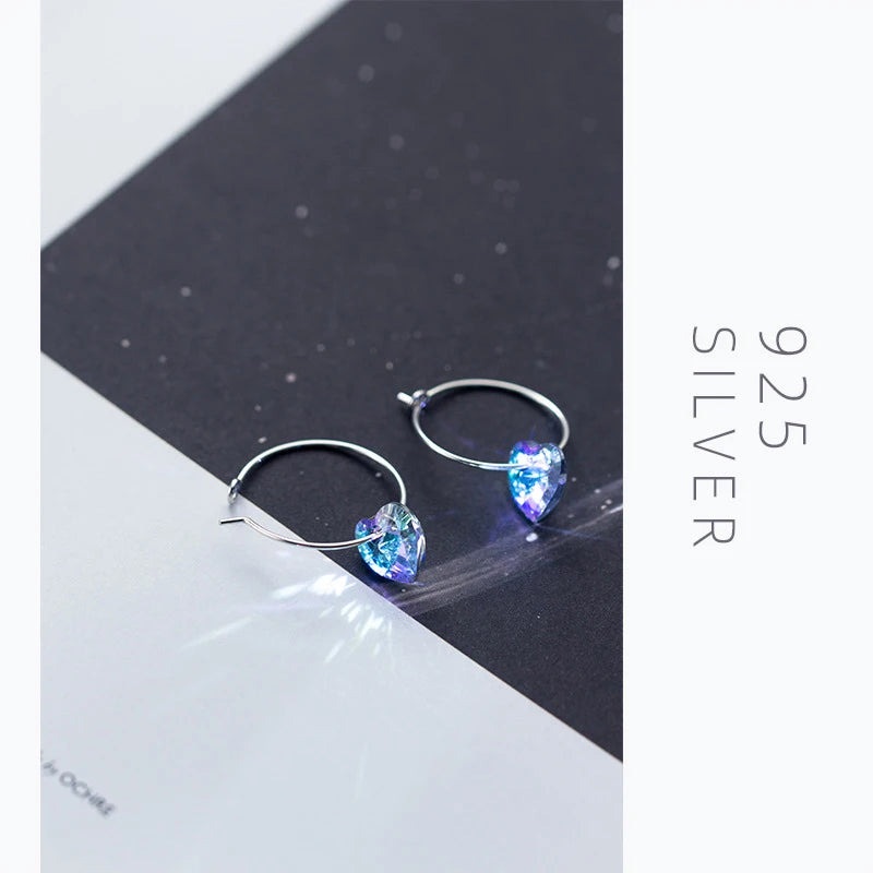 Pendientes de aro Modian con cristales azules brillantes para mujer, diseño clásico de corazón en plata de ley 925, joyería de lujo, accesorios para mujer
