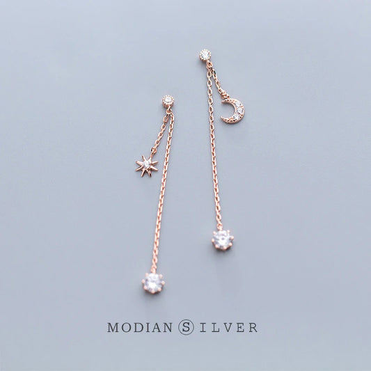 Pendientes Modian Moon con borlas en plata de ley 925, color oro rosa, circonita cúbica transparente, regalo para mujer, joyería fina y original.