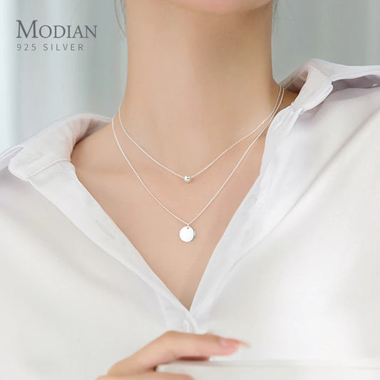 Colgante de plata de ley 925 con forma de moneda y cuentas de diseño simple de Modian para mujer y niña, collar de cadena básica de doble capa, joyería fina