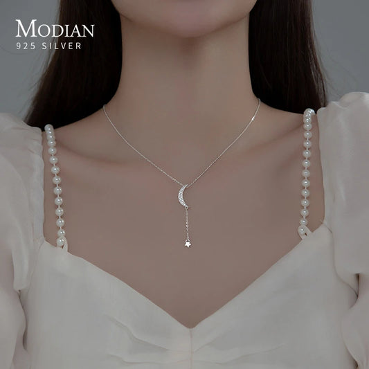 MODIAN Genuine 925 Sterling Silver Elegant Clear CZ Moon Chain Necklace Pendant For Women Wedding Gifts Fine Jewelry Accessories