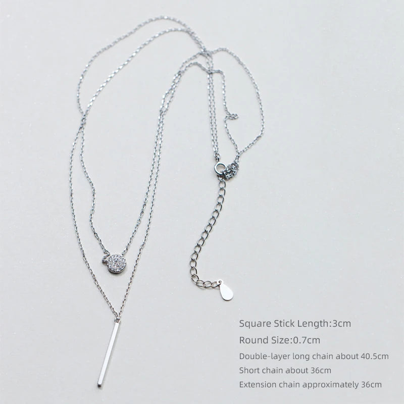 Modian Sterling Silver 925 Shining Zircon Disc Geometric Stick Pendant Necklace for Women Double Layer Necklaace Fine Jewelry