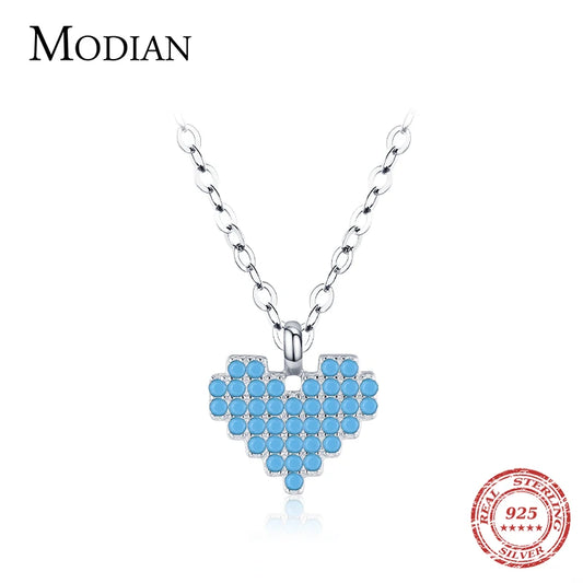 Collar Modian de plata de ley 925 auténtica con colgante de corazón vintage y turquesa para mujer, regalo familiar, joyería fina de estilo nacional.